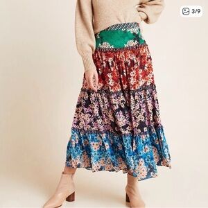 Bhanuni by Jyoti Anthropologie Bohemian Patchwork Tiered Maxi Skirt Size 14